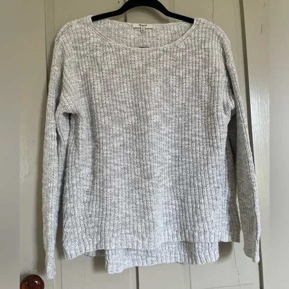 Madewell Light Gray Cotton Crew Neck Sweater with Textured Knit Flowy Coverup - Picture 4 of 9